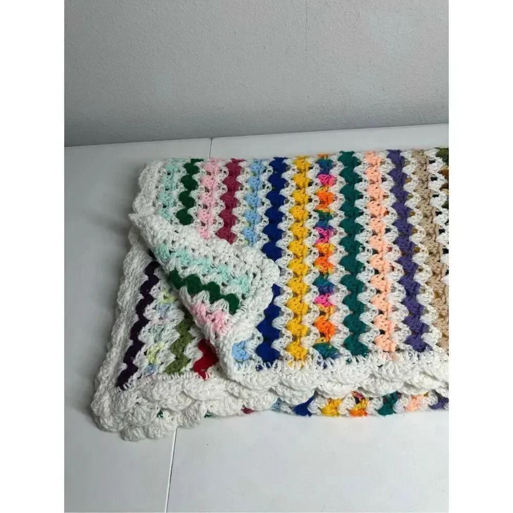 Vintage Crochet Afgan Blanket Zip Zag Multi Color